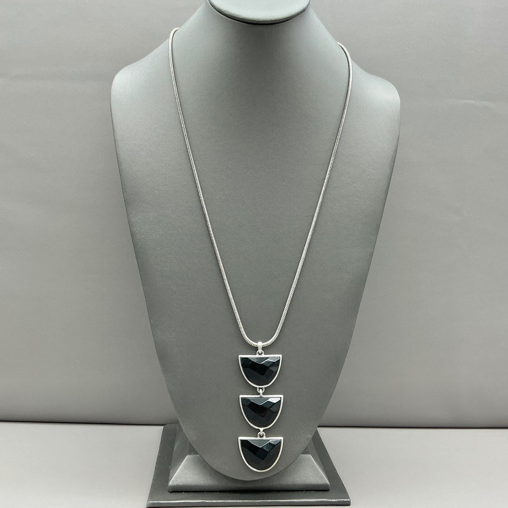Lucky Brand Necklace Womens Silver Tone Black Geometric Pendant Snake Chain 24"